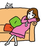 ソファでグッタリしている女性とネコのイラスト