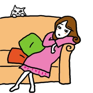 ソファでグッタリしている女性とネコのイラスト