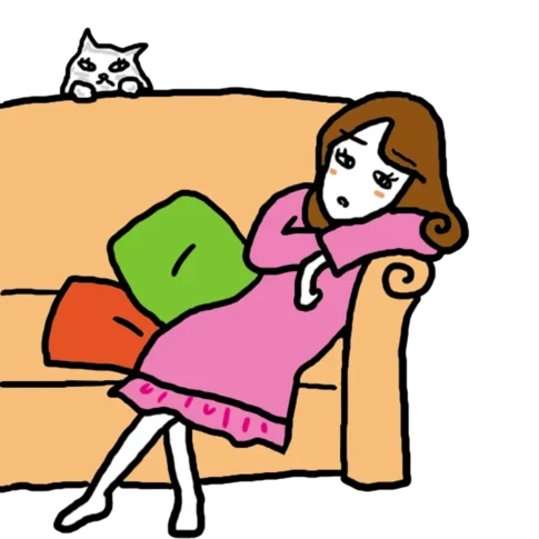 ソファでグッタリしている女性とネコのイラスト