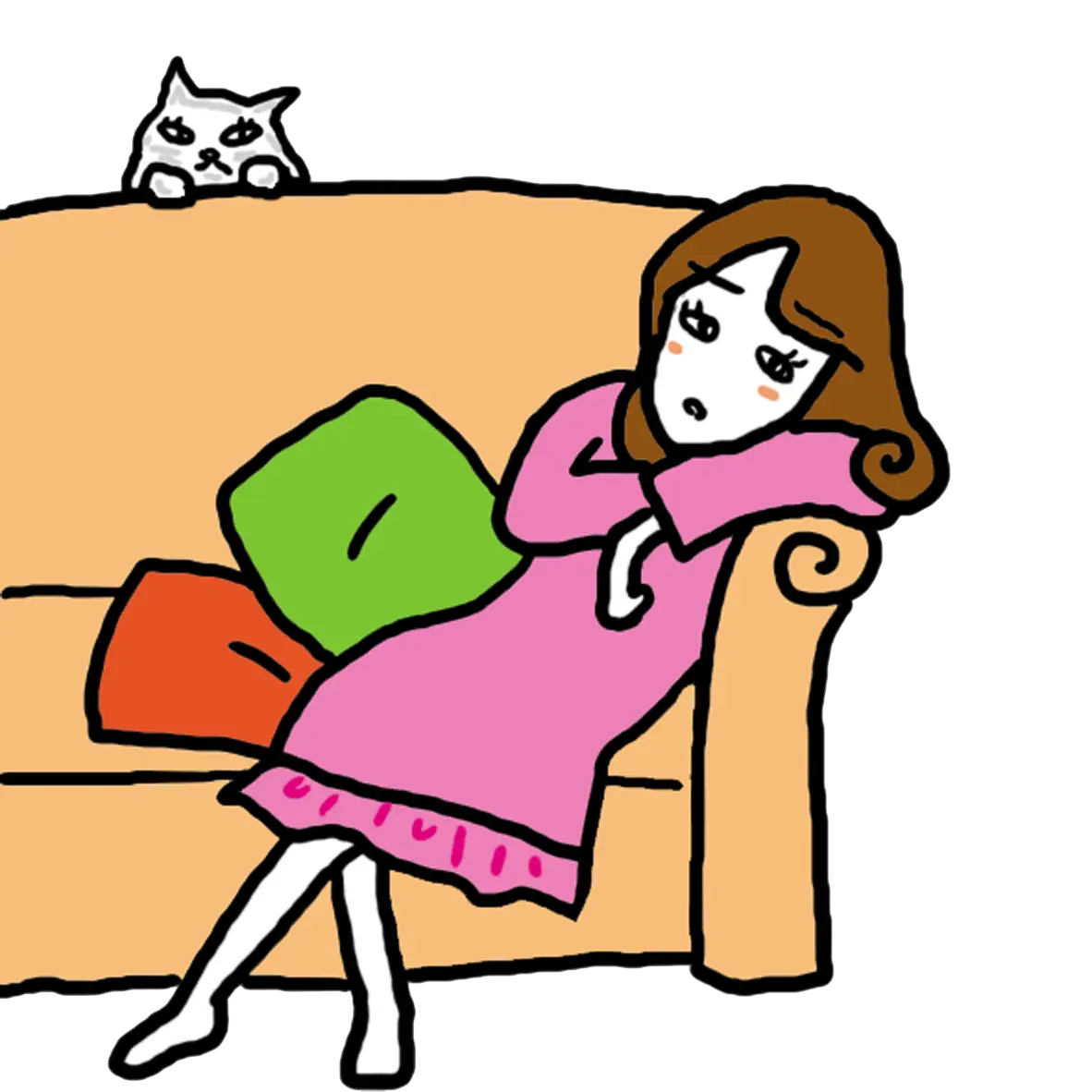 ソファでグッタリしている女性とネコのイラスト